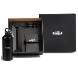 Kit Boas-Vindas com Garrafa Alumínio, Bloco de Notas e Caneta