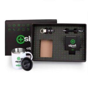 Kit Executivo com Caneca Inox, Caderno, Caneta e Chaveiro - 4 Peças